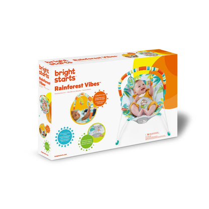 Bright Starts rainforest-themed baby bouncer seat with removable toy bar, soothing vibrations, nonslip feet for infants 0-6 months.