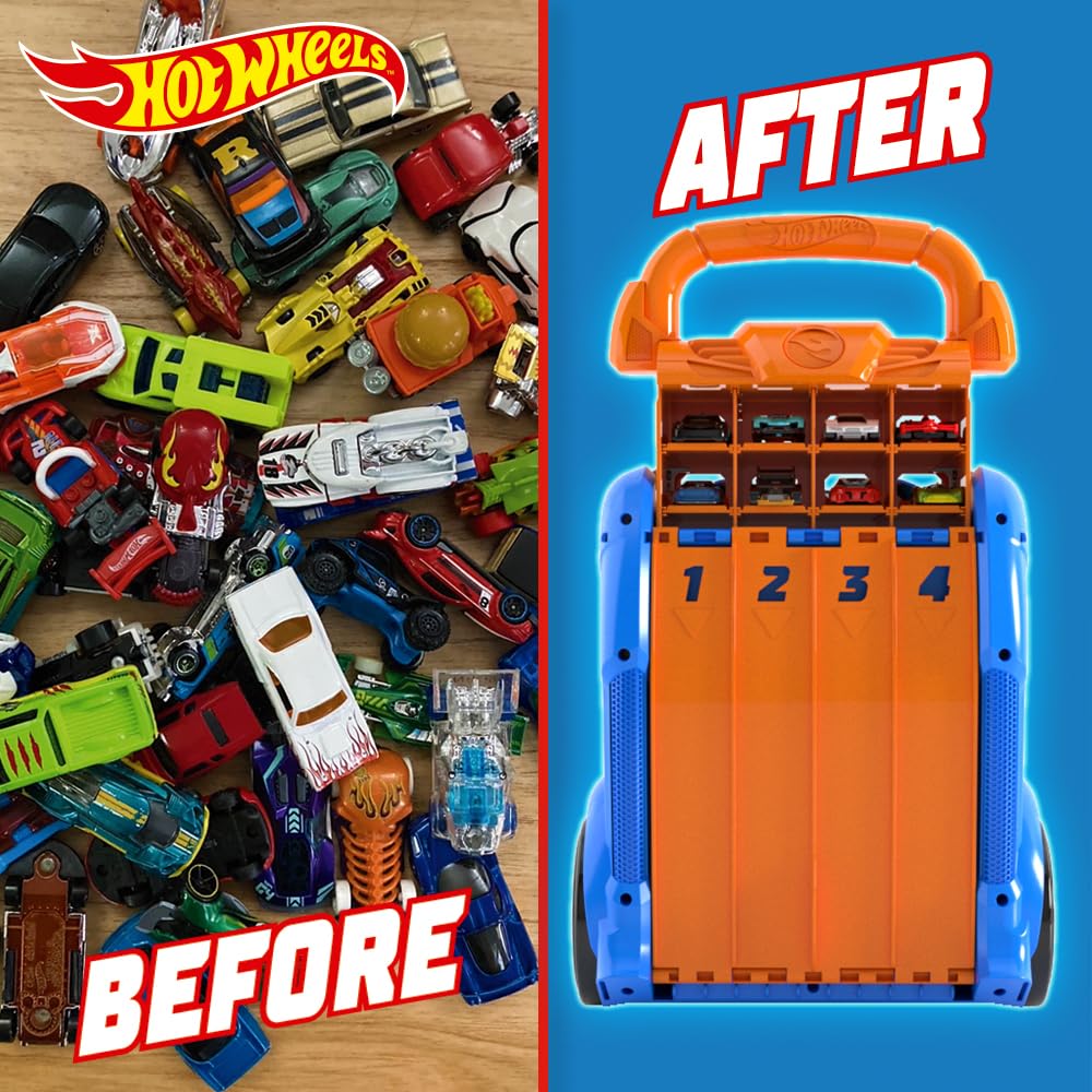 Hot Wheels Car Case Launcher with space for 20 cars, featuring a 2-in-1 storage and launcher design for kids aged 3 and up.