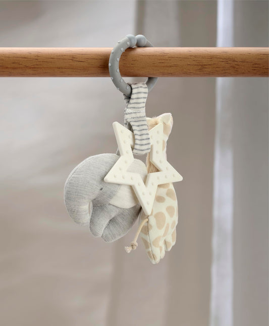 Mamas & Papas Linkie Teething Toy featuring a Safari theme, colorful animal designs for soothing teething relief.