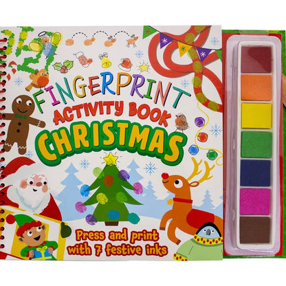 Bookoli Christmas fingerprint activity book for toddlers with 7 paint pads, featuring festive coloring pages and arts and crafts for kids.