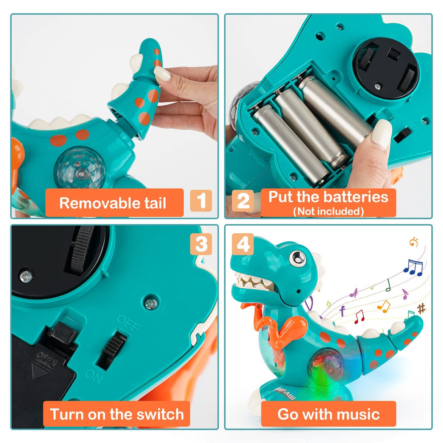 DINORUN crawling dinosaur toy with musical lights for babies, designed for sensory play and toddler development.