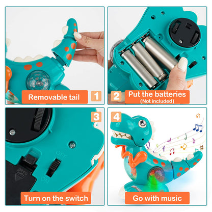 DINORUN crawling dinosaur toy with musical lights for babies, designed for sensory play and toddler development.