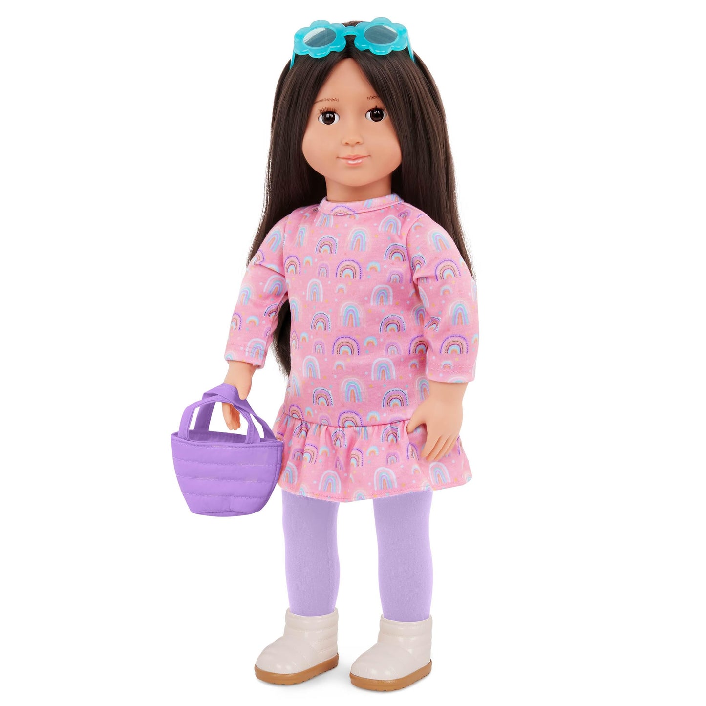 Bright As A Rainbow dress set for 18-inch dolls, featuring vibrant rainbow print and accessories by Our Generation.