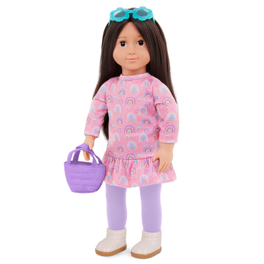 Bright As A Rainbow dress set for 18-inch dolls, featuring vibrant rainbow print and accessories by Our Generation.