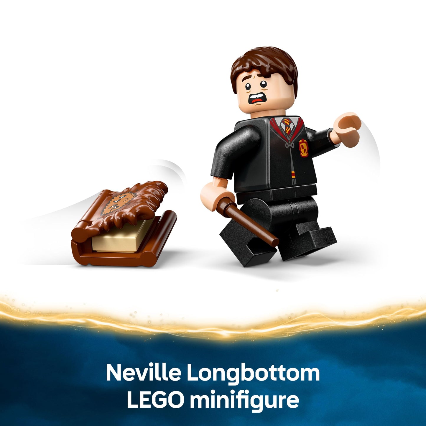 LEGO Harry Potter Chomping Monster Book of Monsters toy with Neville Longbottom minifigure and pull-back motor action.