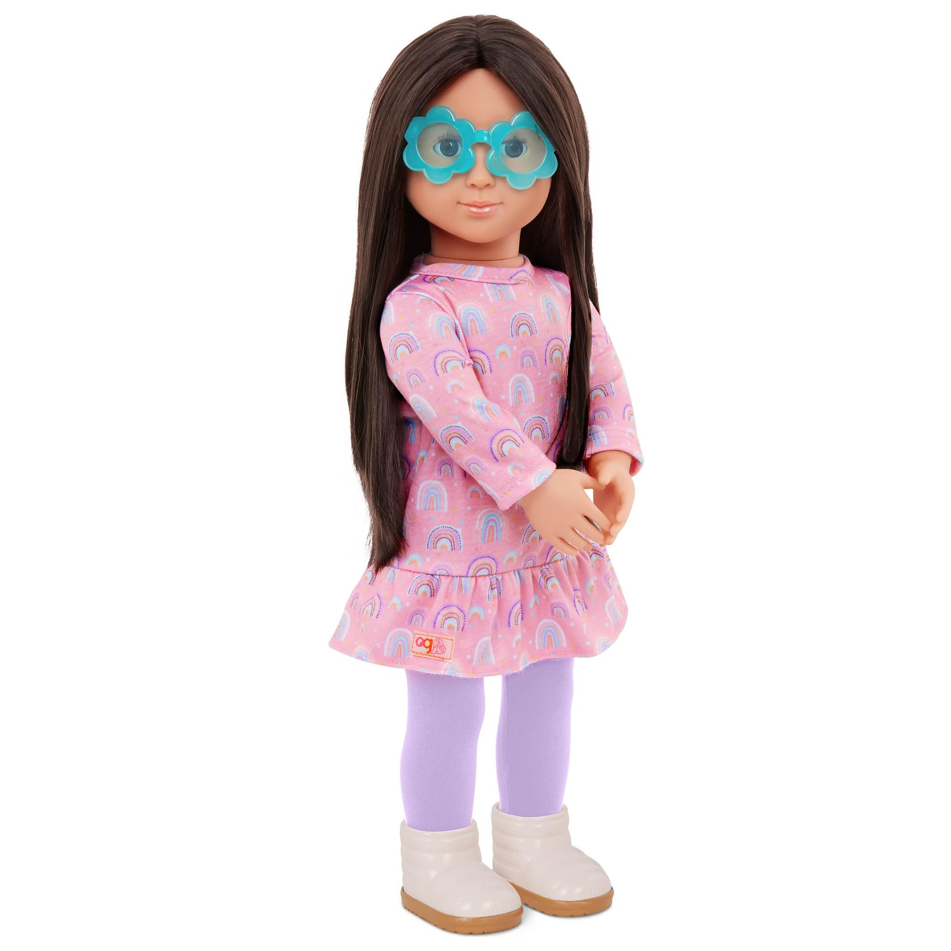 Our Generation 5-piece clothing set featuring a rainbow-print dress for 18-inch fashion girl dolls.