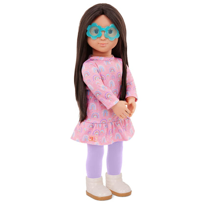 Our Generation 5-piece clothing set featuring a rainbow-print dress for 18-inch fashion girl dolls.