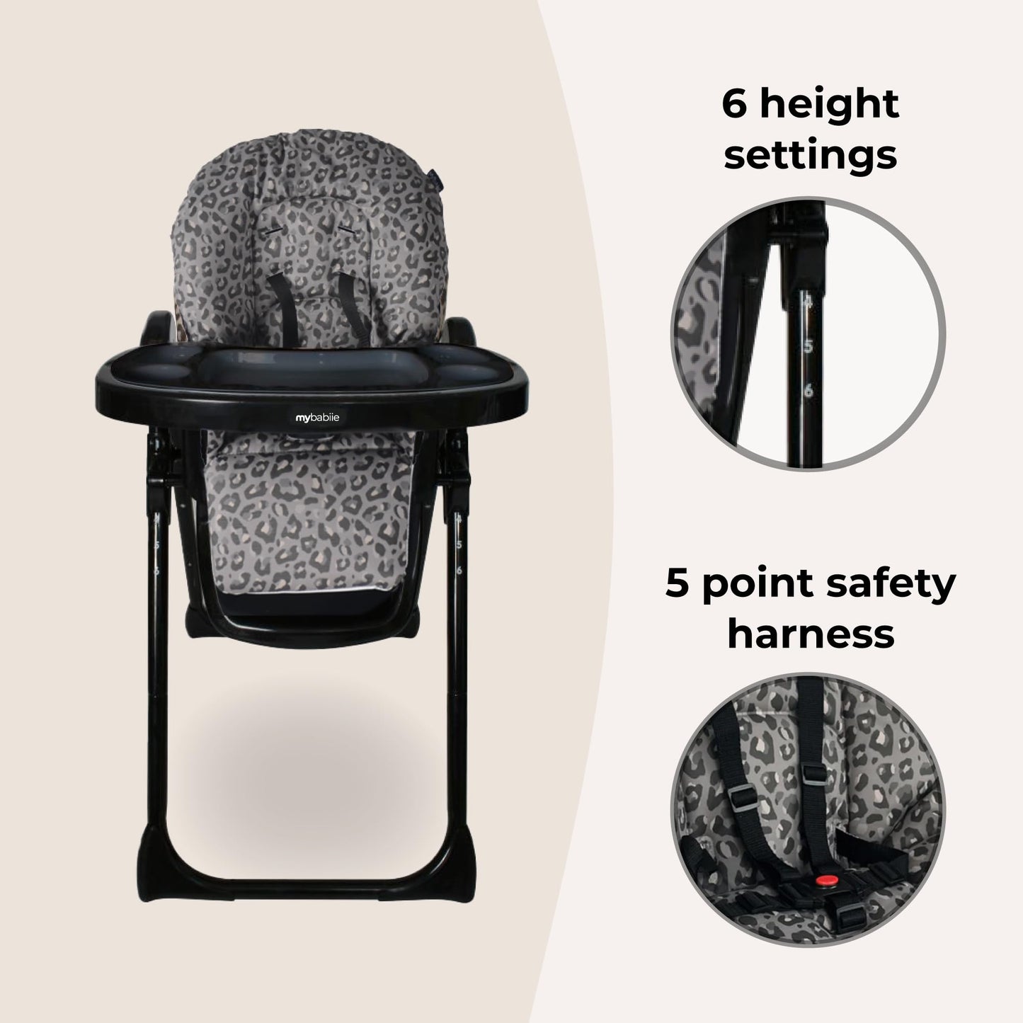 My Babiie MBHC8 Premium Highchair – Adjustable, 3 Recline Positions, 6 Height Settings, Removable Tray, Padded Seat, Foldable, for Toddler, from 6 Months to 3 Years (15kg) – Black Leopard