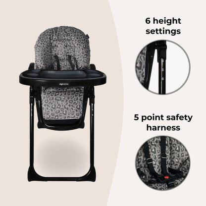 My Babiie MBHC8 Premium Highchair – Adjustable, 3 Recline Positions, 6 Height Settings, Removable Tray, Padded Seat, Foldable, for Toddler, from 6 Months to 3 Years (15kg) – Black Leopard