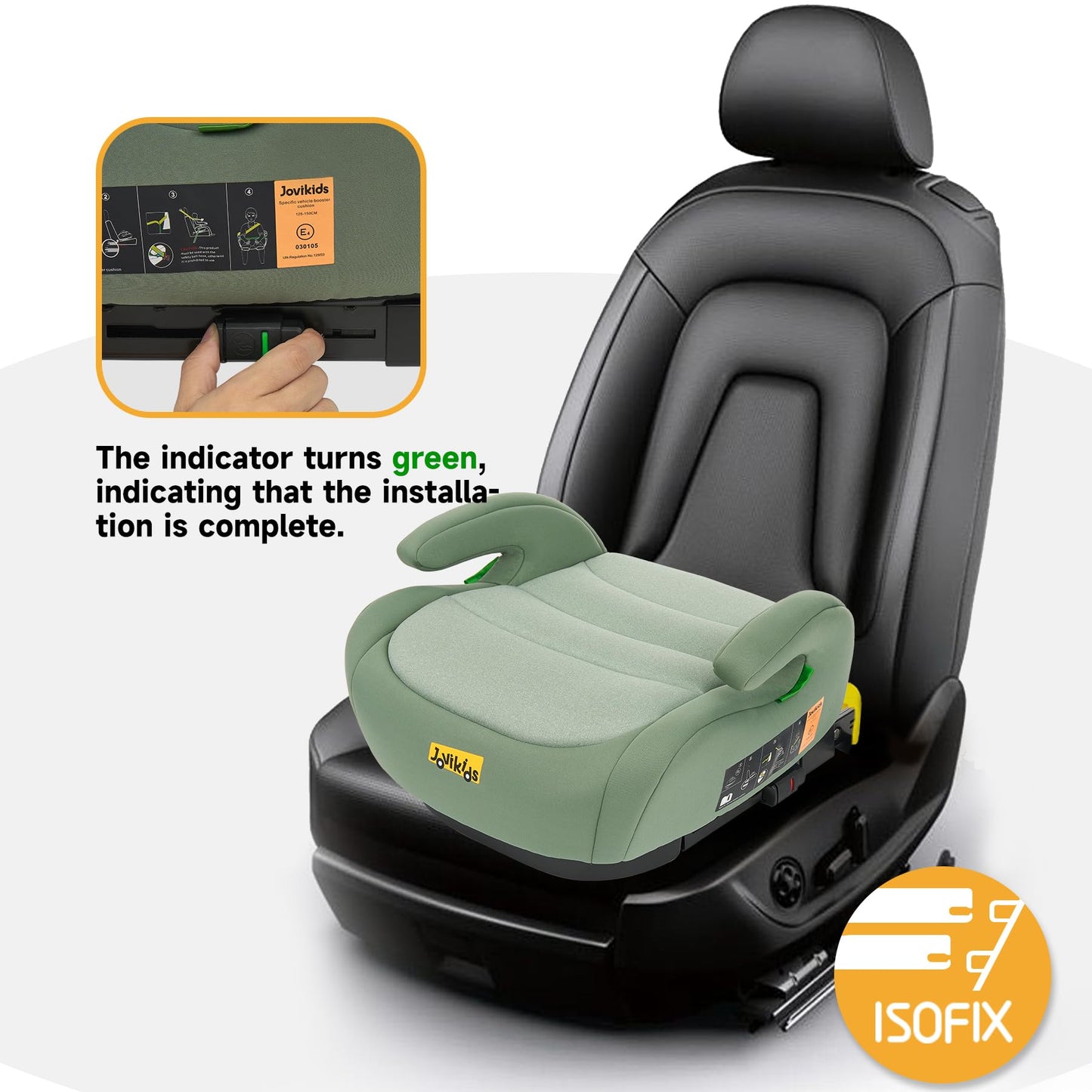 Jovikids I-Size Booster Seat for Car with ISOFIX, 125-150cm (Group 2/3, 6-12 Years), Portable Car Seats for Kids, Convenient for Everyday Use, Great for Travel, ECE R129 (Soft Green)