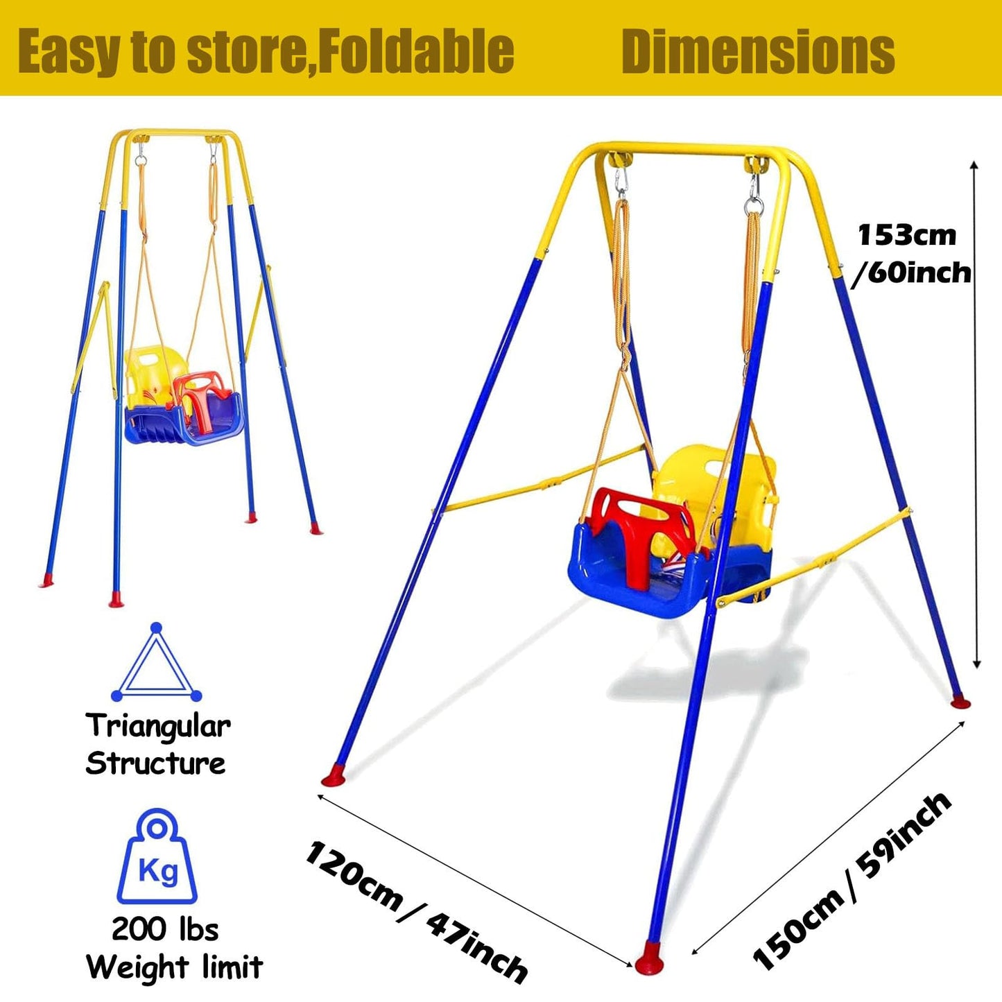 FCOUMY 3-in-1 toddler swing set with baby seat, outdoor and indoor garden swing for children, foldable and heavy-duty.