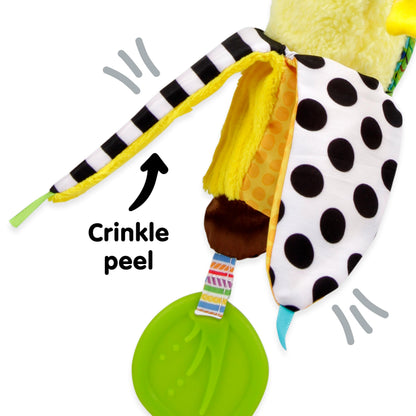 LAMAZE Bea the Banana sensory clip-on toy with colorful shapes and sounds for newborns and babies up to 24 months.