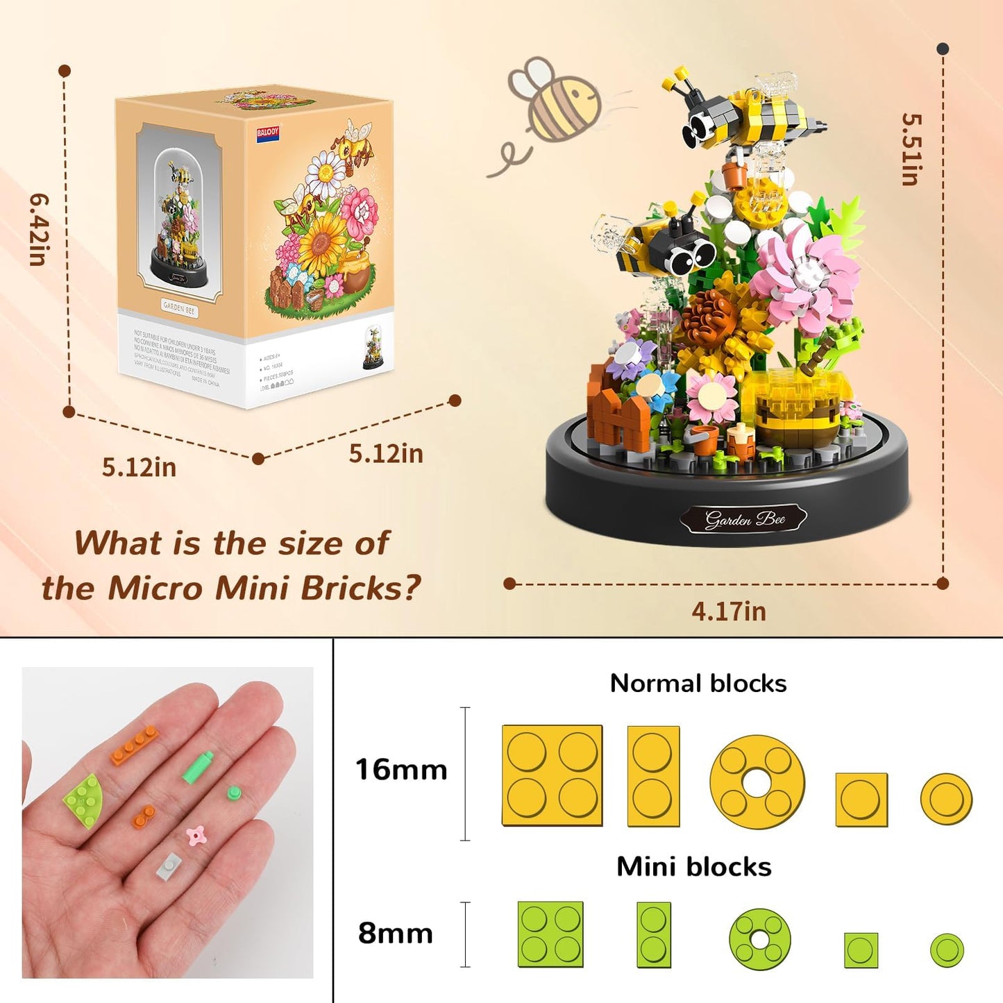 Highdar Honey & Flower Bouquet Building Set with dust cover, featuring colorful micro bricks and creative insect designs.