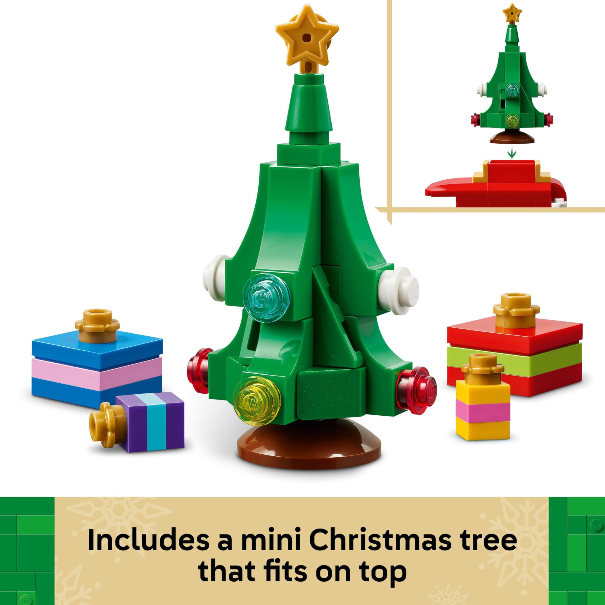 LEGO Santa's Delivery Truck toy with colorful decorations, Christmas tree, and presents for festive play and display.