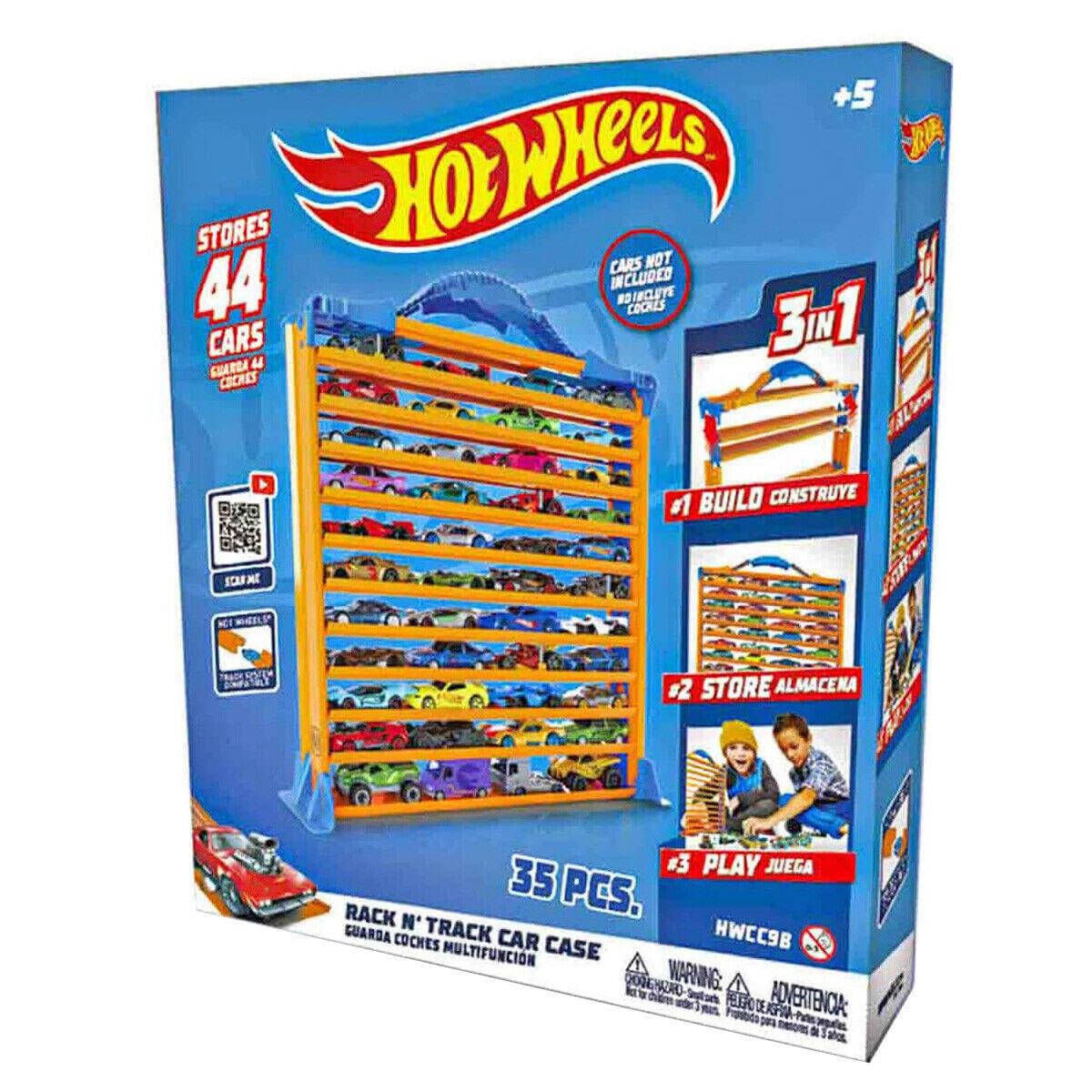 Hot Wheels Rack N' Track toy organizer with 44 colorful compartments for car storage and display.