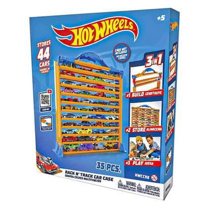 Hot Wheels Rack N' Track toy organizer with 44 colorful compartments for car storage and display.