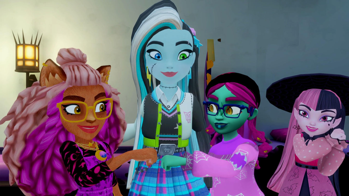 Monster High Skulltimate Secrets Switch game case with colorful artwork featuring Monster High characters and branding.