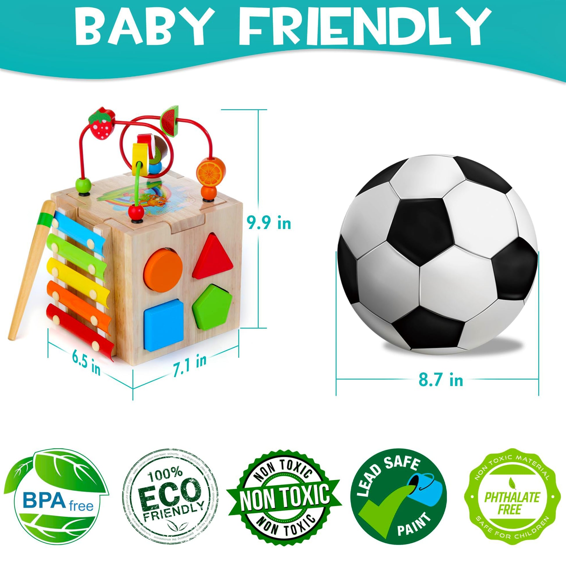 HELLOWOOD wooden activity cube for toddlers featuring bead maze, shape sorter, abacus, xylophone, clock, and learning words.