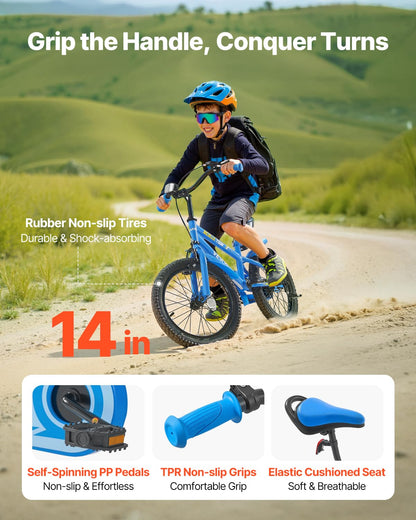 VEVOR Kids Bike, 35.56 cm BMX Style Children Bicycle, Rider Height 90 cm - 115 cm, Training Wheels Included, Sturdy and Easy to Assemble, Toddler Bike for Boys & Girls Learning to Ride, Blue