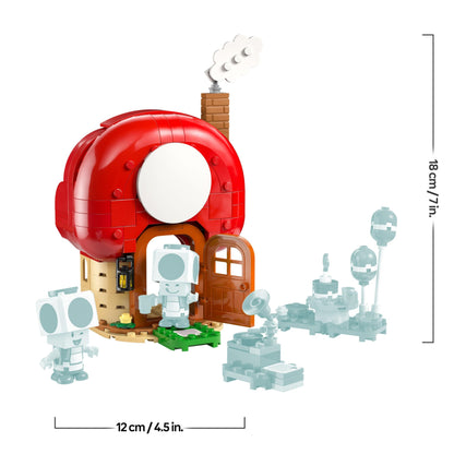 LEGO Super Mario Party at Toad's House toy set featuring figures, kitchen, bedroom, and picnic table for kids aged 7 and up.