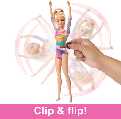 Barbie Gymnastic Fun Play Set featuring a blonde doll, balance beam, and over 10 thematic accessories for imaginative play.