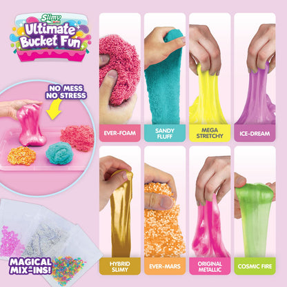 Colorful slime in a bucket with playful textures, part of Slimy's Ultimate Bucket Fun collection, showcasing vibrant, gooey slime.