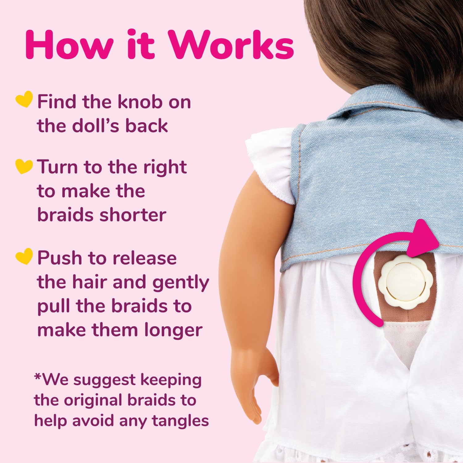 Our Generation 18-inch Hair Grow Doll Tina with lifelike brown eyes and ultra-long rainbow hair styled in a braid.