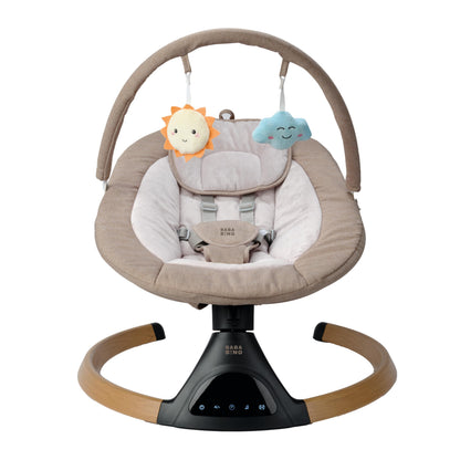 BABA BING beige electric baby swing chair with Bluetooth, digital display, lightweight design, suitable for newborns with five swinging options.