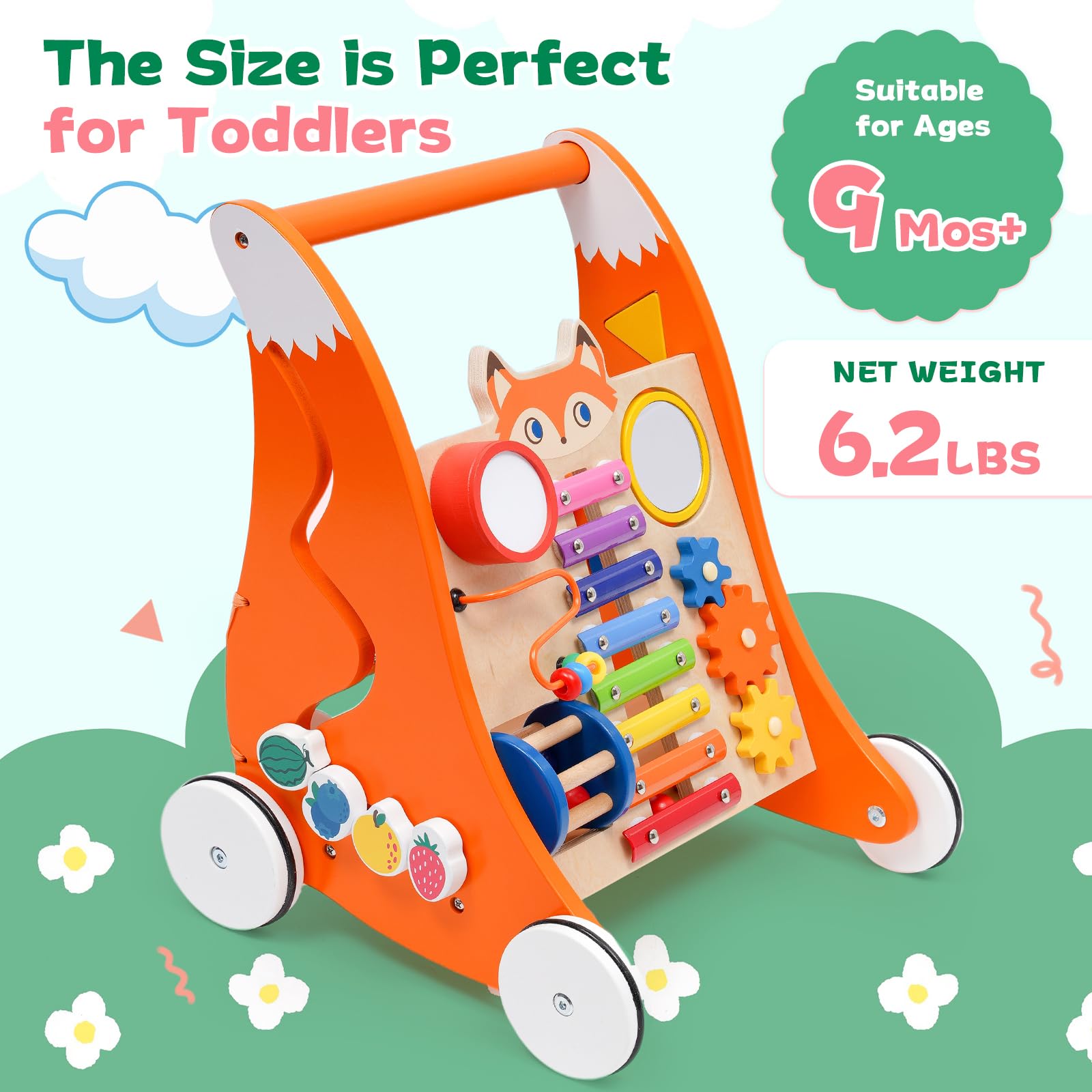 Forroby 2-in-1 wooden baby walker with activity center and Montessori game panel, designed for toddlers' first steps and play.