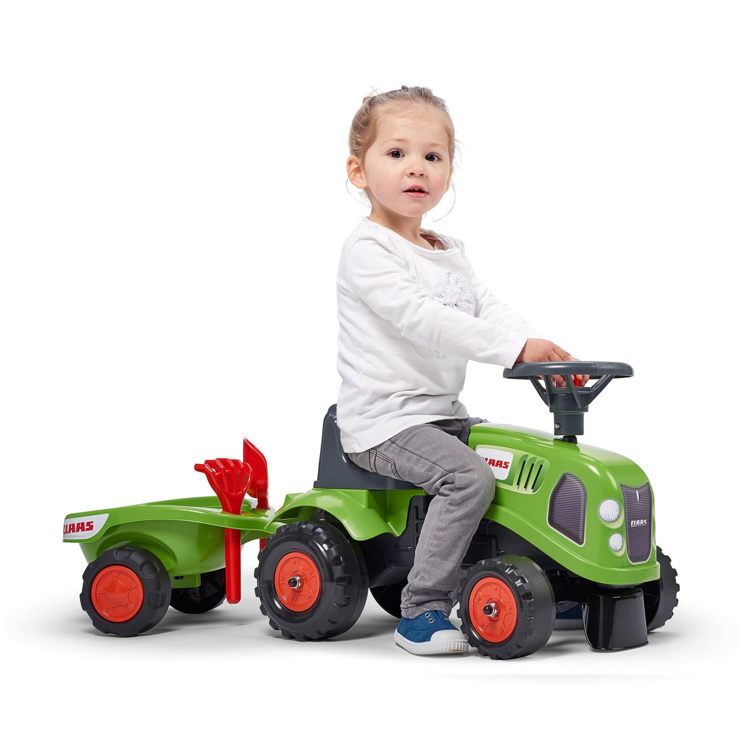 Falk Claas Tractor Ride-On with Trailer, from 12 Months, Made in France, Shovel and Rake Included-2 Styles, Customisable License Plate, 212C, Green