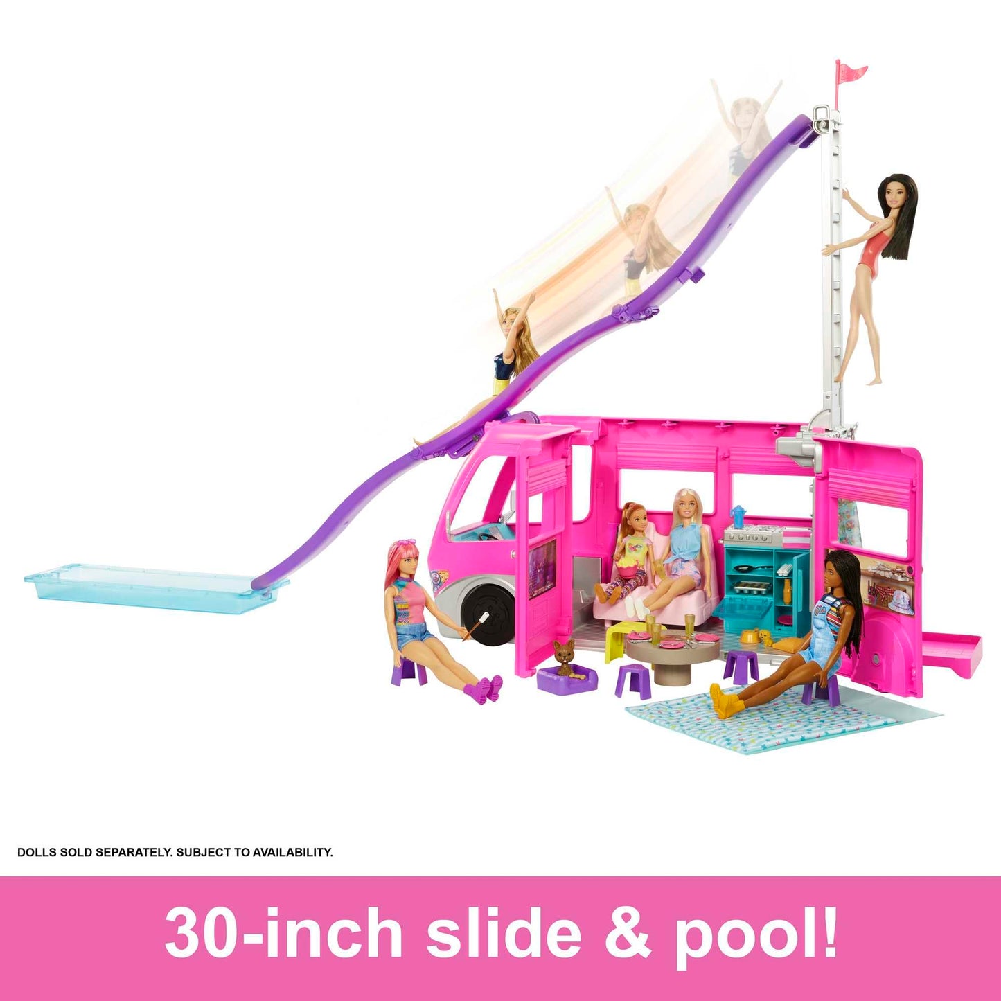 Barbie Dream Camper in pink with 7 play areas, slide, pool, and accessories, featuring two puppies for imaginative play.