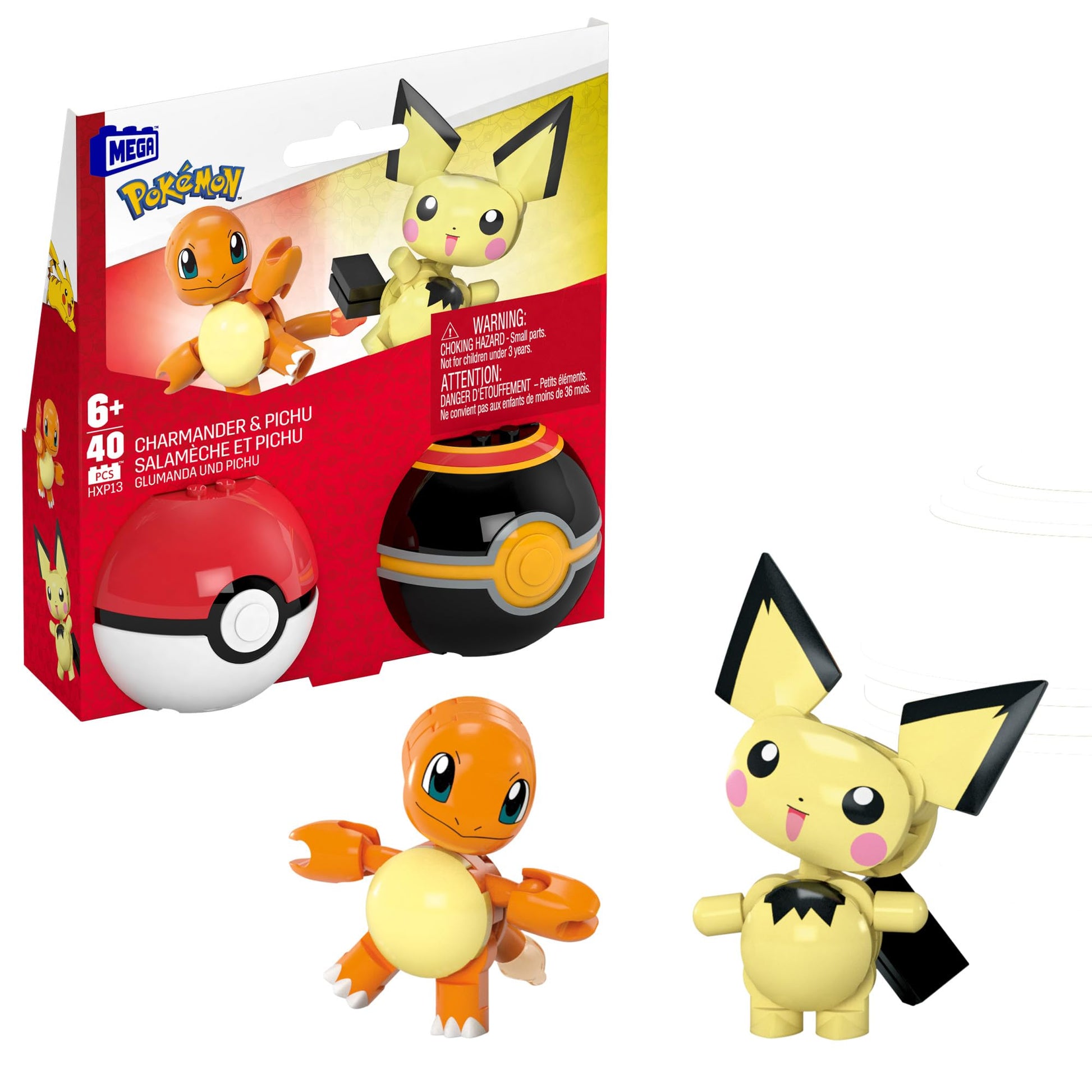 MEGA Pokémon building set featuring poseable Pichu and Charmander characters with Poké Ball, 40 pieces total.