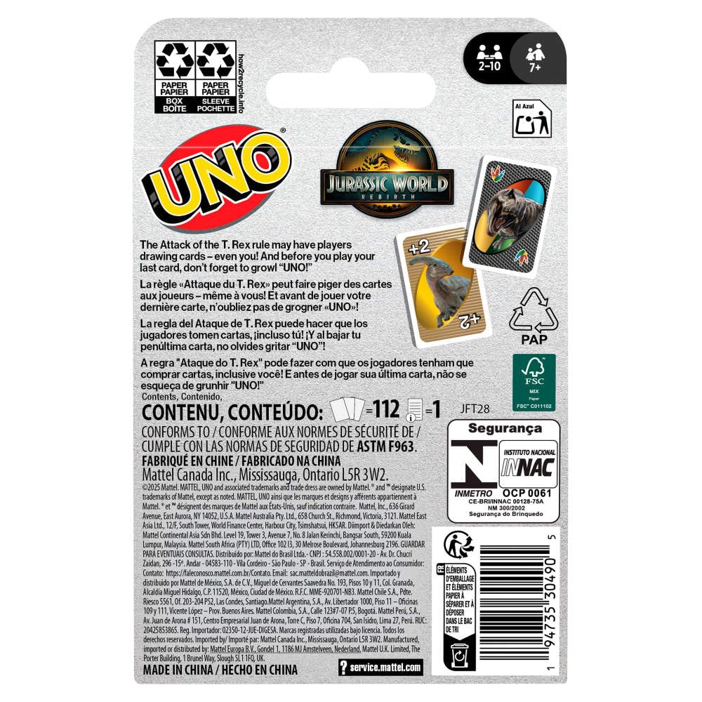 Mattel Games UNO Jurassic World Rebirth Card Game for Kids, Family & Adult Games Nights, Deck with Special Rule & Images Inspired by the Movie, JFT28