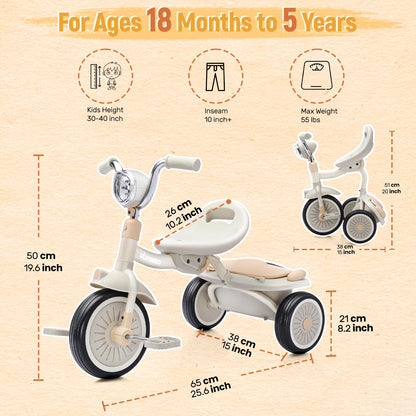 UBRAVOO Baby Tricycle, Foldable Toddler Trike with Pedals, Cool Lights, Durable Wheels and Comfortable Seat, Baby First Walker Trike for 1-5 Years Old Girls, Boys (White)