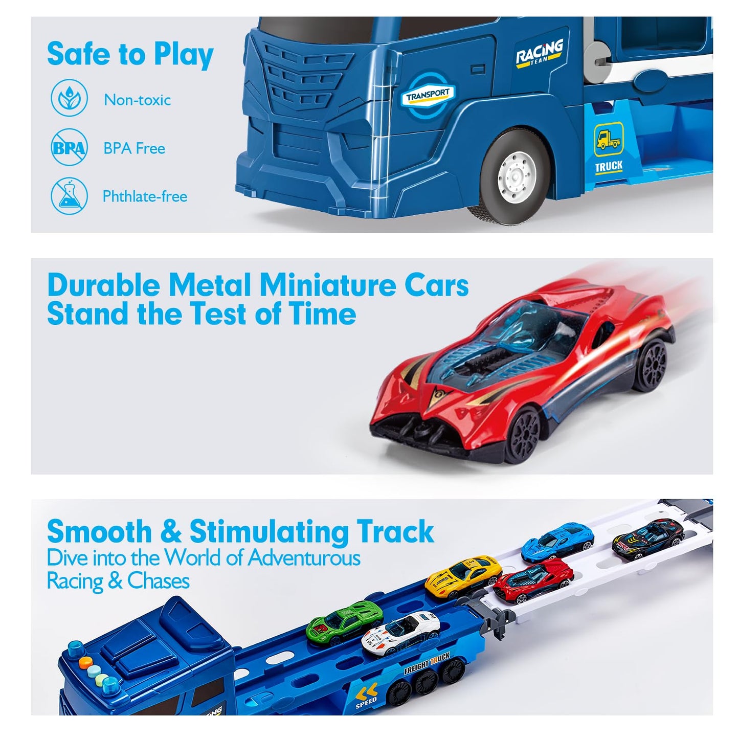 hahaland Puzzle Racer Toy Truck for 3 Year Olds – 2 in 1 Car Carrier Transforms into 114cm Race Track with Dual Launcher! 6 Mini Cars & Accessories – Top 3-10 Year Old Boy Toys & Gifts