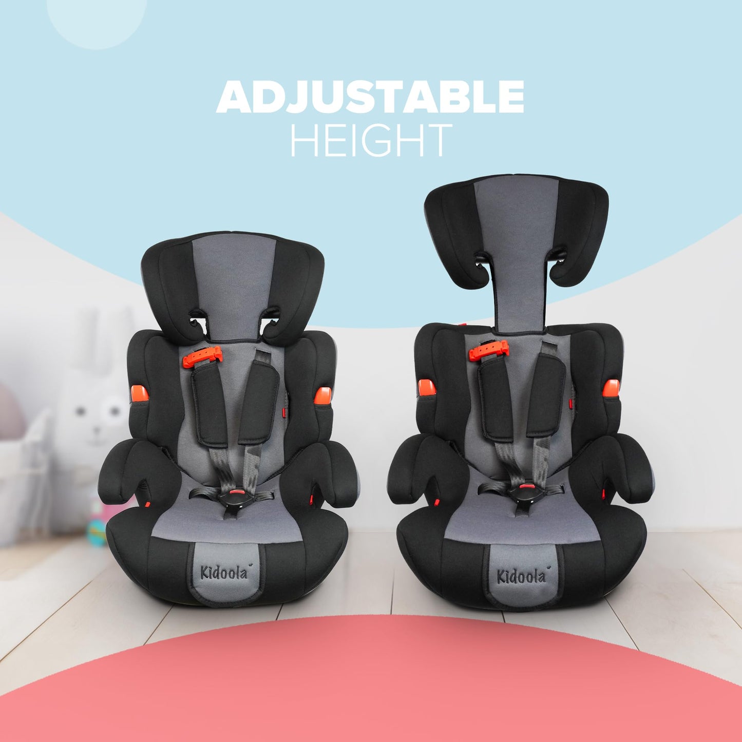Kidoola Adjustable Car Seat for Toddlers & Children - Safety Certified Booster Seat, Padded & Comfortable with 3 Adjustable Age Functions & Straps, Up to 12 Years - ECE R44/04 (Grey & Black)