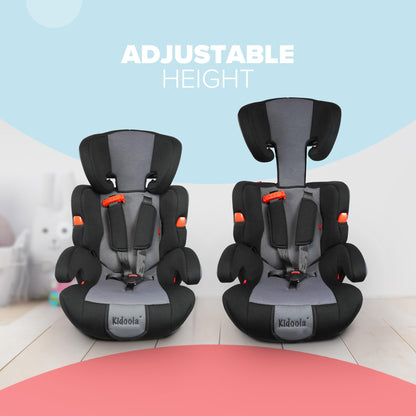 Kidoola Adjustable Car Seat for Toddlers & Children - Safety Certified Booster Seat, Padded & Comfortable with 3 Adjustable Age Functions & Straps, Up to 12 Years - ECE R44/04 (Grey & Black)