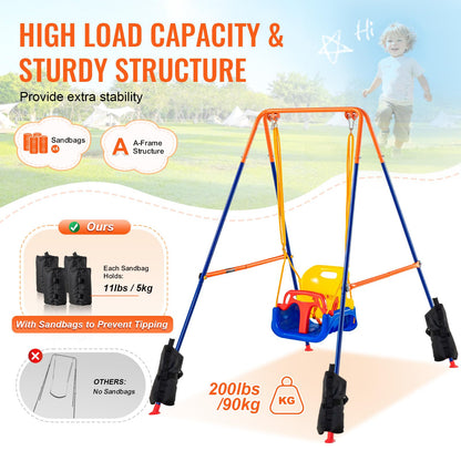 VEVOR Swing Sets for Backyard, 3-in-1 Toddler Swing Set with 4 Sandbags, Foldable Metal Stand, Easy to Assemble, Swingset Indoor/Outdoor for Kids Aged 3+