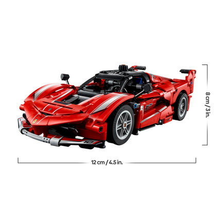 LEGO Technic Ferrari FXX K model kit with detailed V12 engine, differential, and moving pistons for display and play.