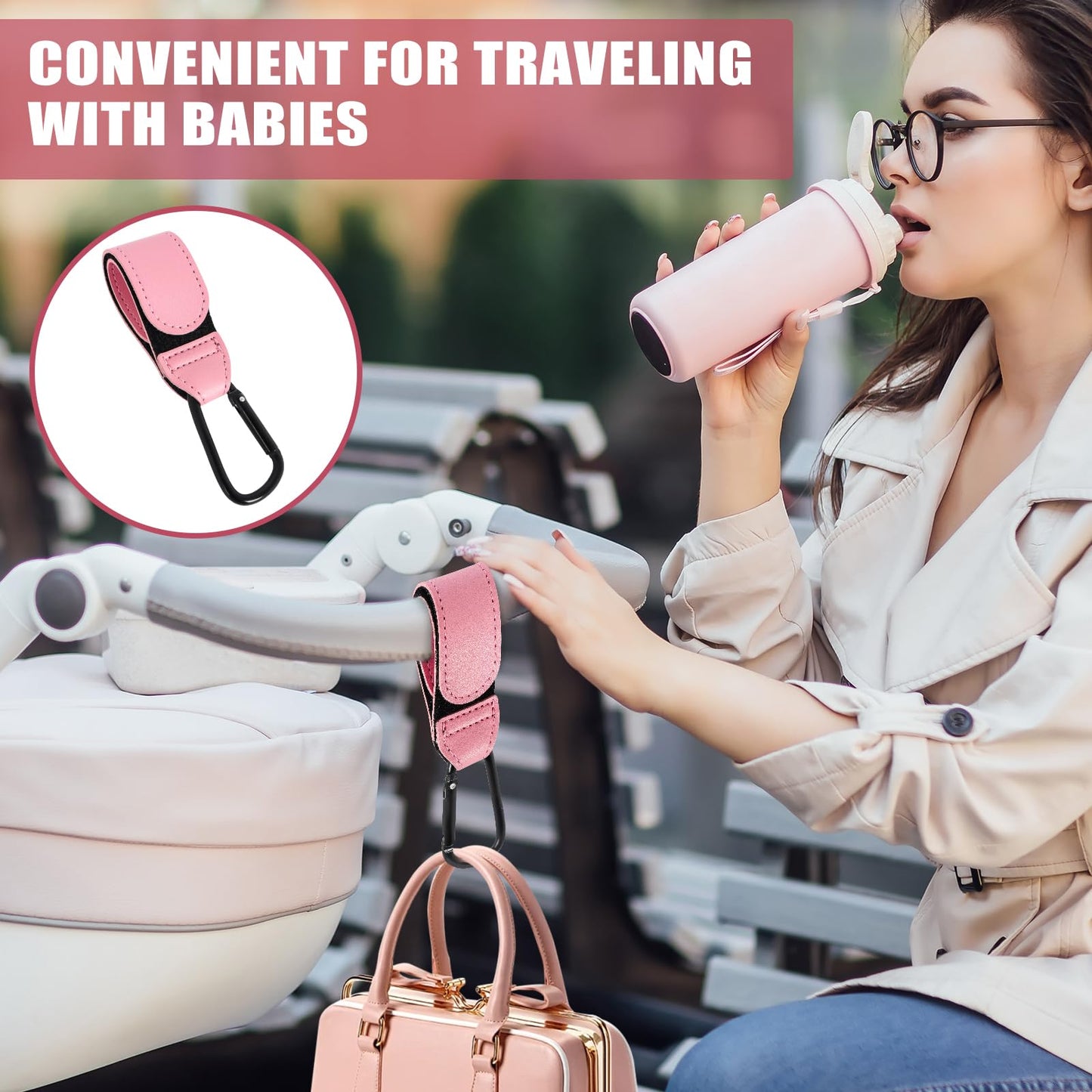 Pink leather buggy clips set with pram hook clips for bags, backpacks, and shopping carts, designed for pushchairs and strollers.