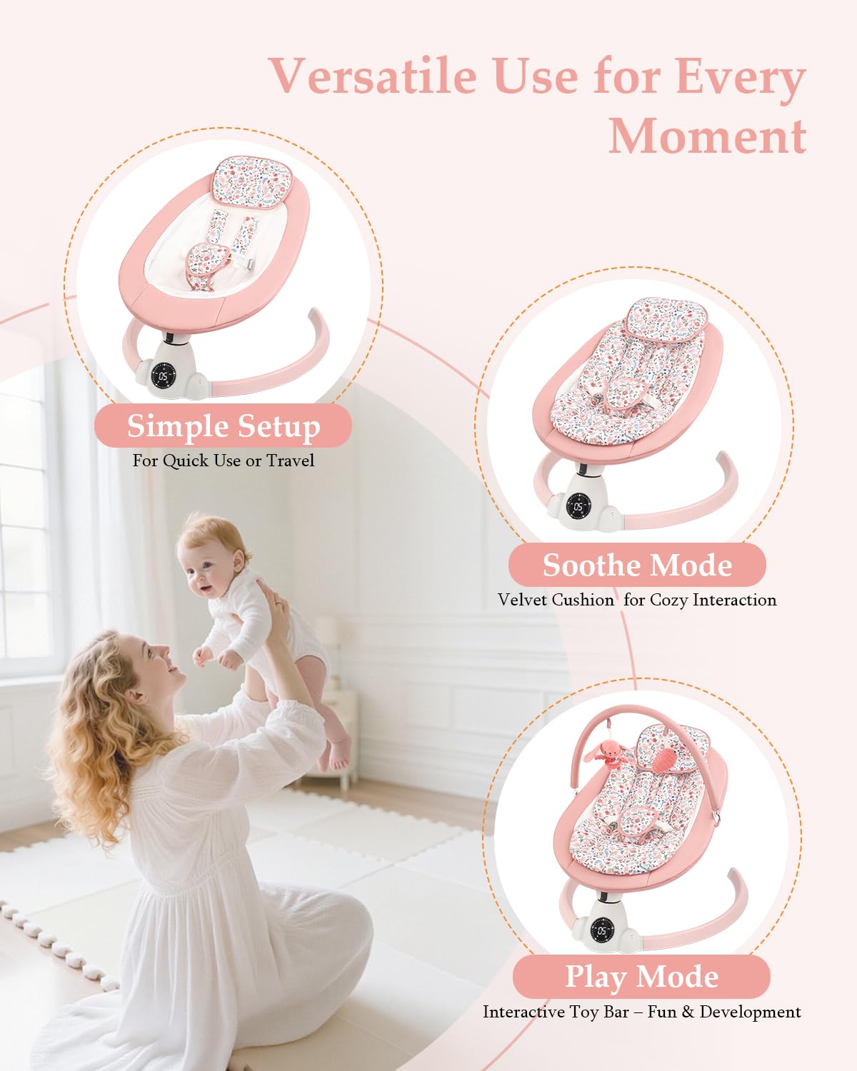Uuoeebb portable electric baby bouncer with floral pattern, featuring Bluetooth, 5 swing speeds, 10 lullabies, 5-point harness, remote control