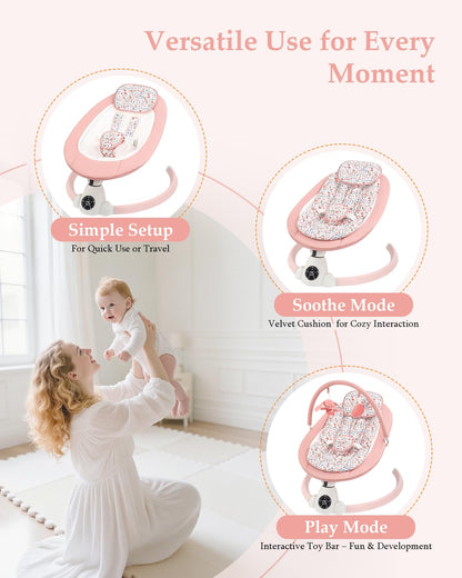 Uuoeebb portable electric baby bouncer with floral pattern, featuring Bluetooth, 5 swing speeds, 10 lullabies, 5-point harness, remote control