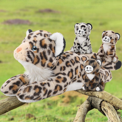 MorisMos Snow Leopard Soft Toy with Babies inside, Lifelike Leopard Teddy Stuffed Animal Plush Toy Cuddly, Kawaii Presents for Kids Girls Boys Children Christmas Birthday Party Decorations (45cm)