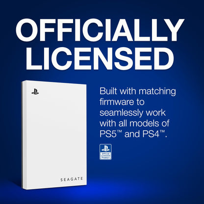 Seagate 5TB Game Drive for PS4/PS5 external HDD with blue LED, USB 3.0, officially licensed, showing the device with LED indicator