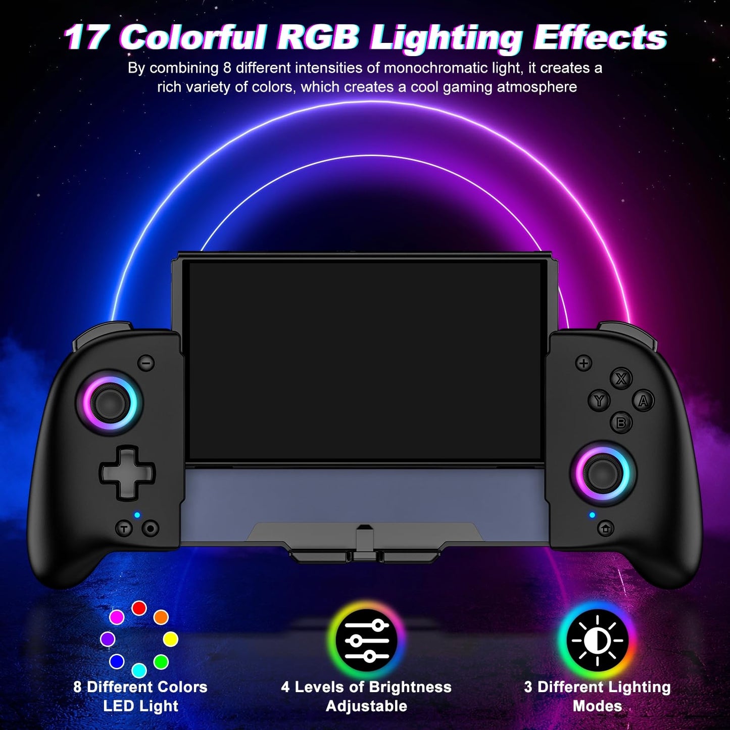 Wireless Fanxieast Switch Pro Controller with programmable Joycon, ergonomic design, vibration, turbo, RGB lighting, and motion control.