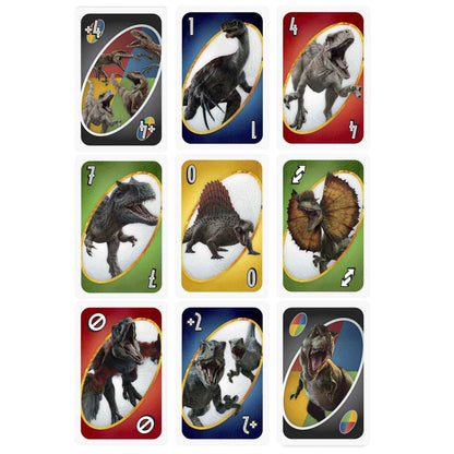 UNO Jurassic World Dominion Card Game with Themed Deck & Special Rule, Gift for Kid, Adult & Family Game Nights, Ages 7 Years Old & Up, GXD72