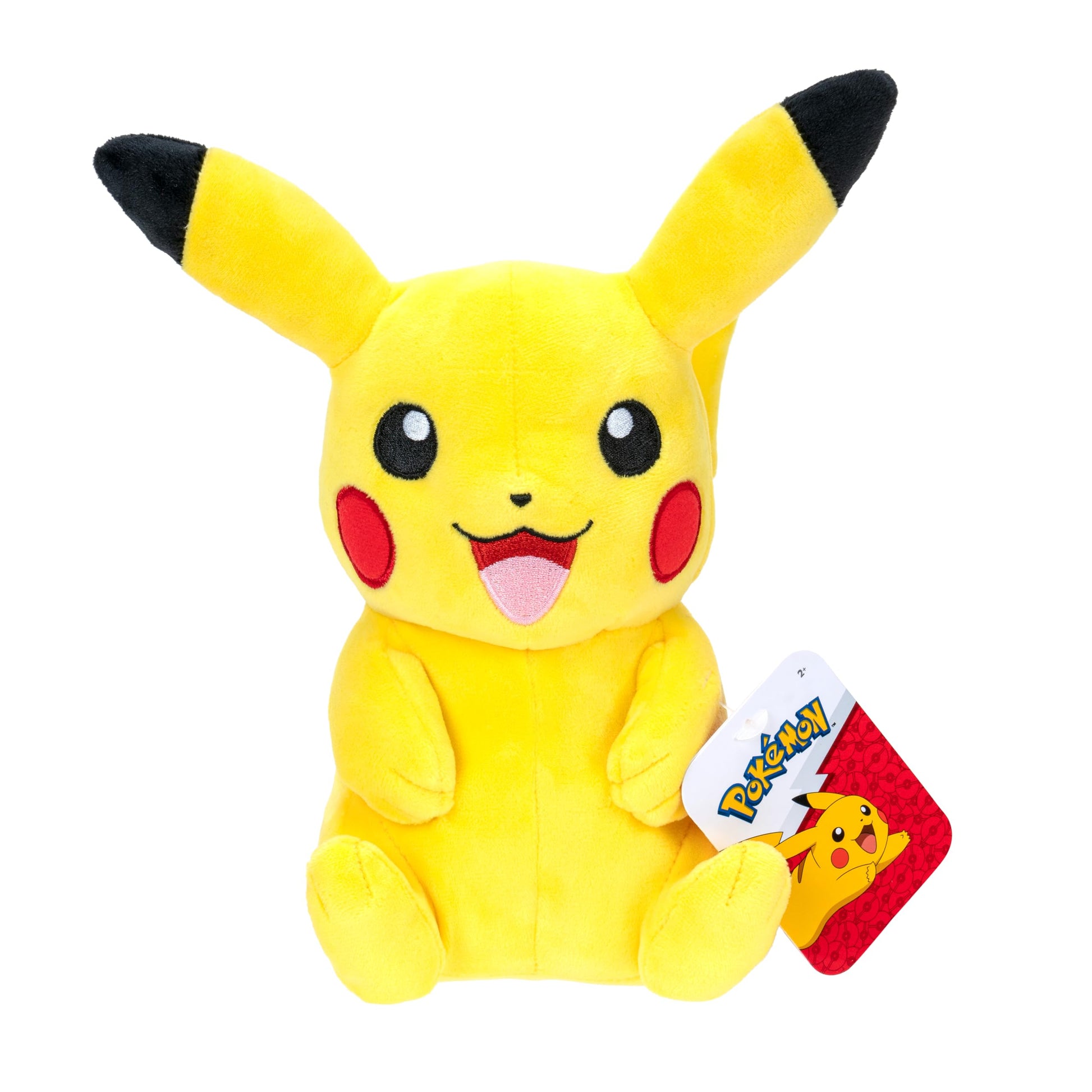 8-inch Pokémon Pikachu plush toy with yellow fur, large ears, and a cheerful expression, perfect for collectors and fans.