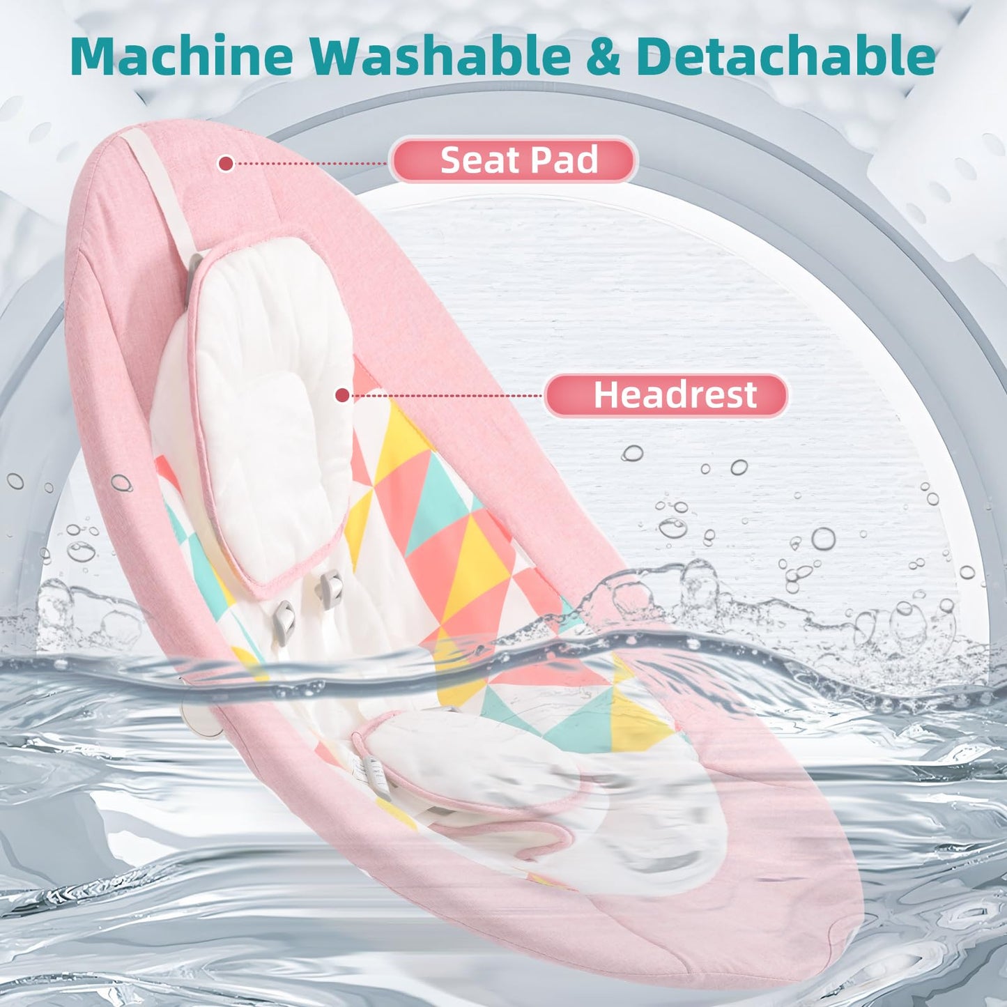 Cozydwells pink electric baby bouncer with swing chair, remote control, touch panel, adjustable angles, detachable tray, canopy, and mosquito net