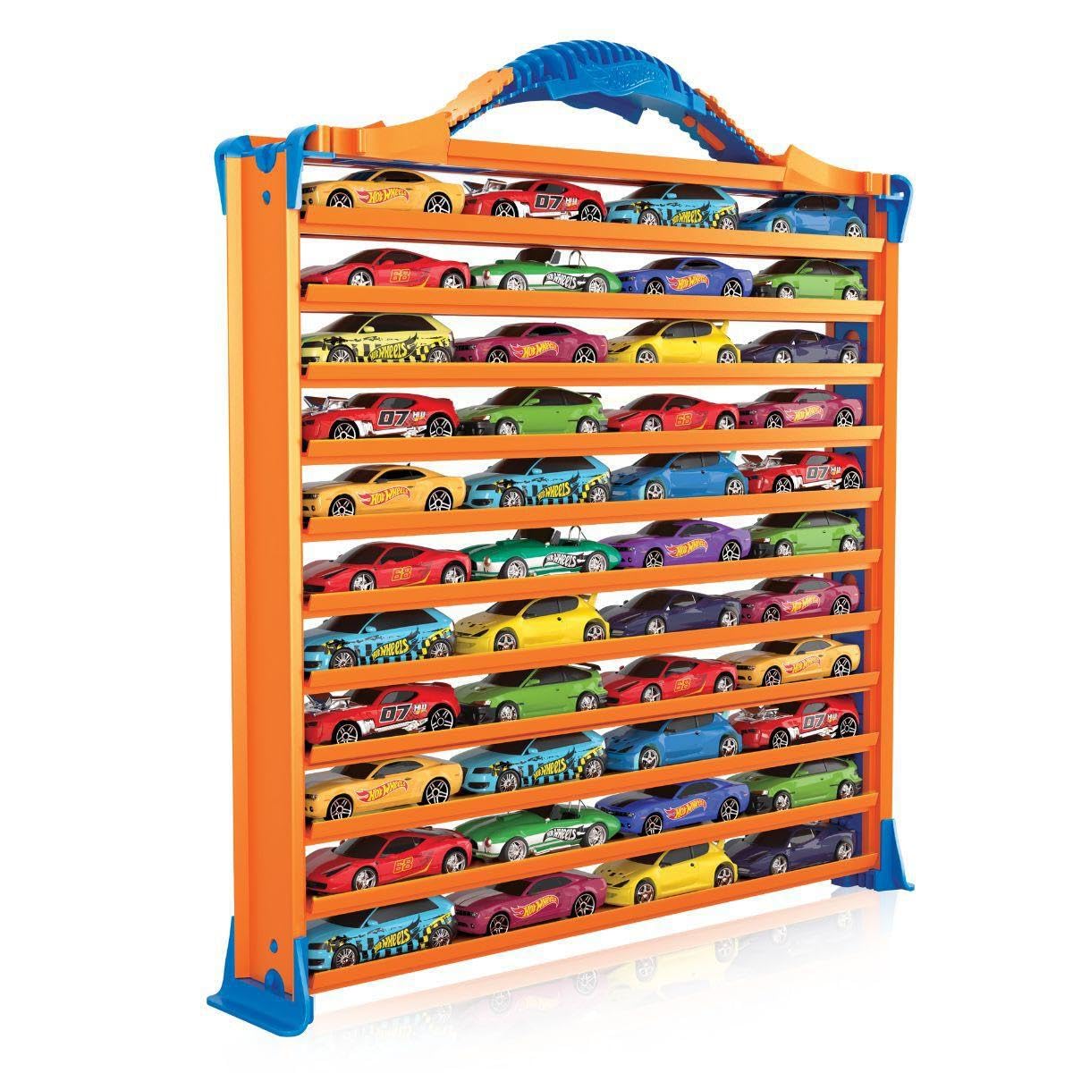 Hot Wheels Rack N' Track organizer with 44 compartments, multi-colored toy storage for cars and toys display.