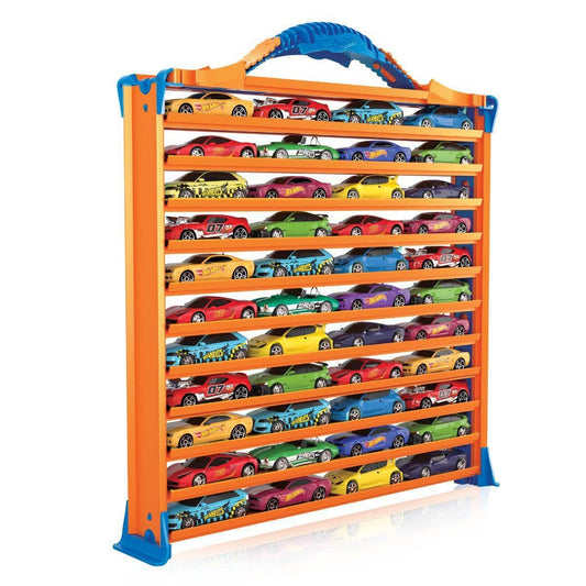 Hot Wheels Rack N' Track organizer with 44 compartments, multi-colored toy storage for cars and toys display.